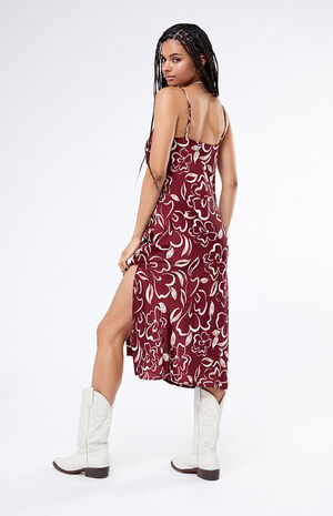 Red Floral Satin Cowl Neck Midi Dress image number 4