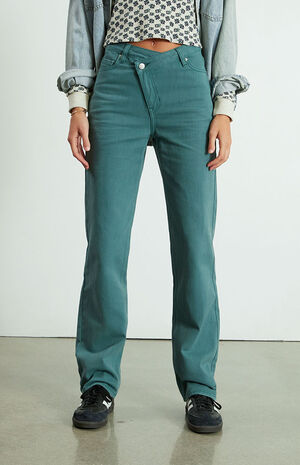 Green Asymmetrical Waistband Boyfriend Jeans image number 2