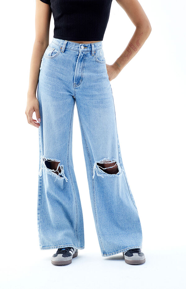 PacSun Light Indigo Ripped Wide Leg Jeans PacSun
