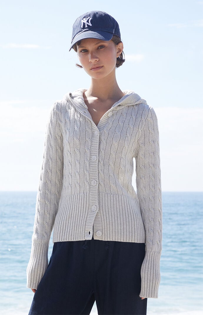 John Galt Light Gray Cable Knit Button Down Hooded Sweater