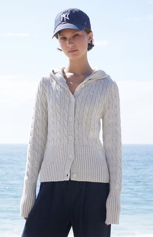 Light Gray Cable Knit Button Down Hooded Sweater image number 1