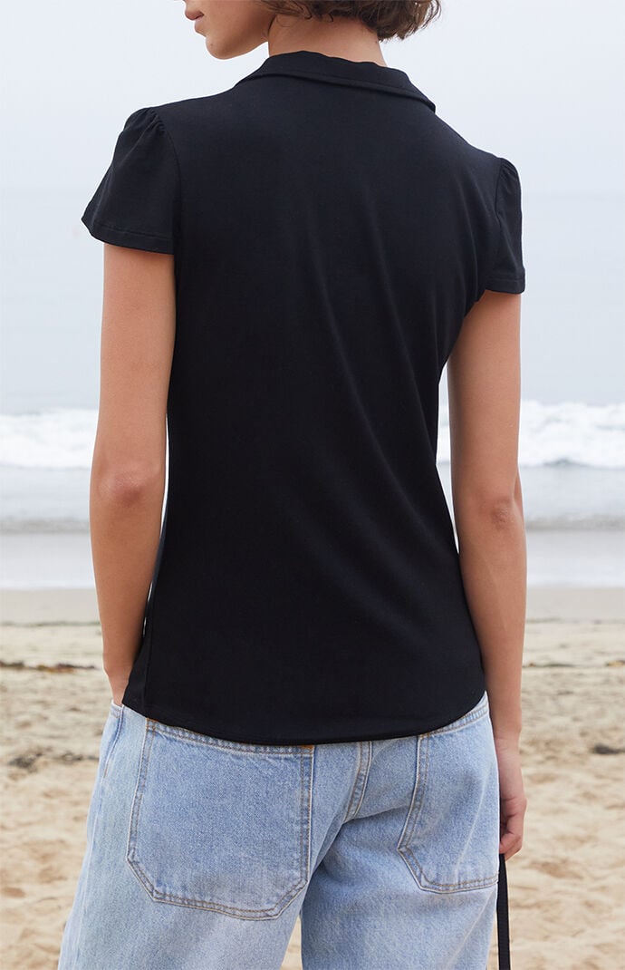 John Galt Black Button Front Collared Top