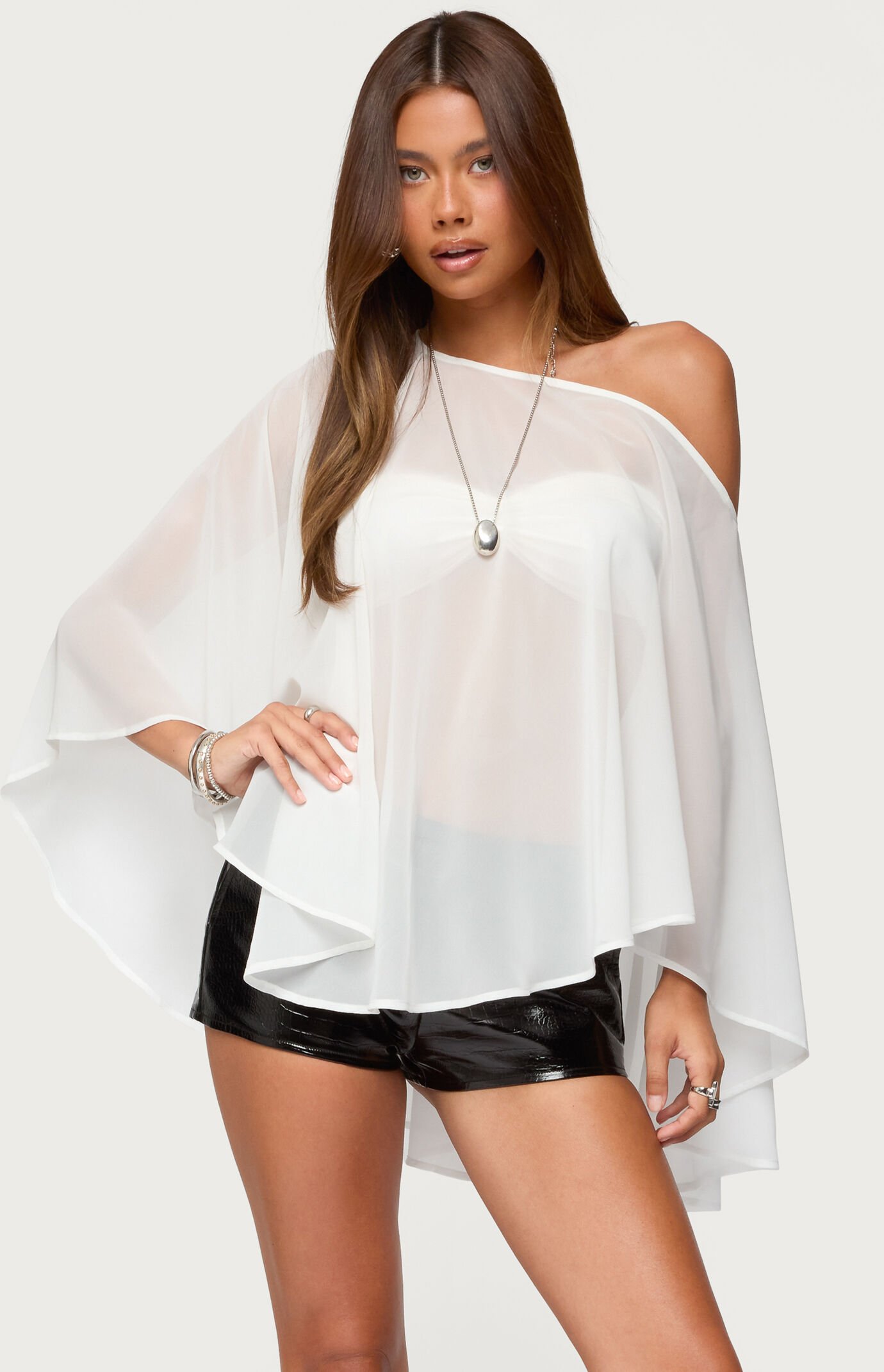Edikted Sheer Chiffon Asymmetric Poncho