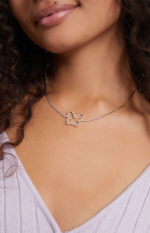 x PacSun Rhinestone Butterfly Choker Necklace image number 2