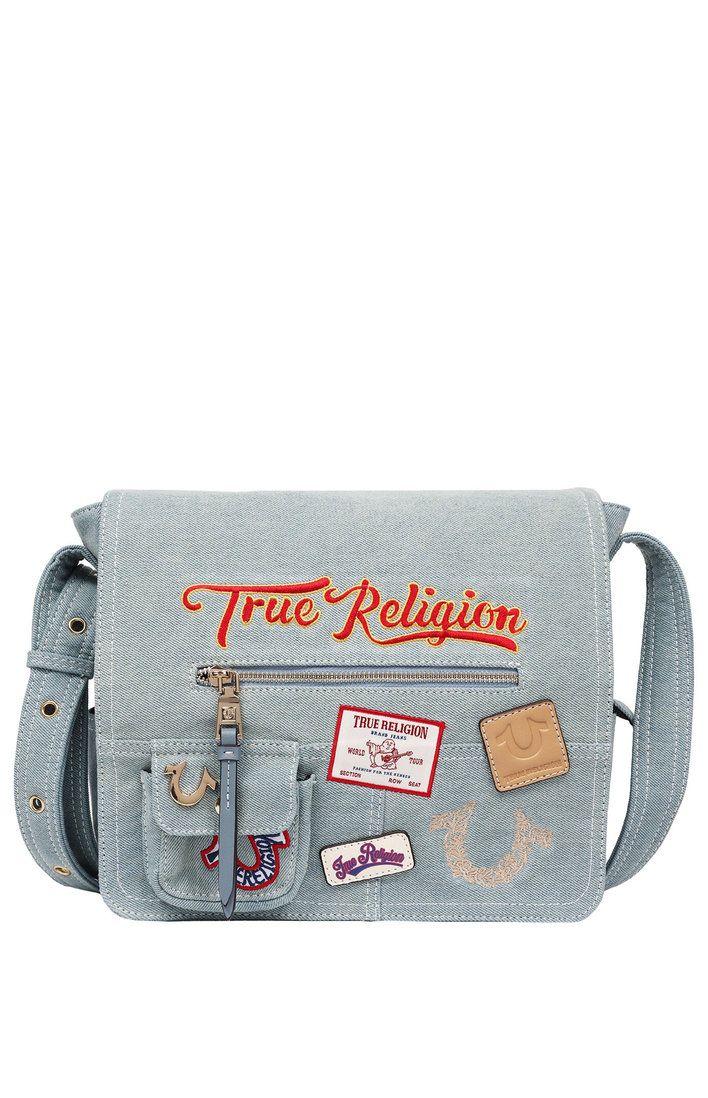 True Religion Blue Denim Multi Patch Messenger Bag