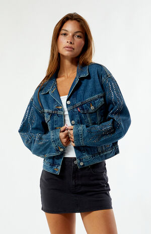 Medium Indigo Rhinestone Shrunken '90s Cropped Denim Jacket image number 1