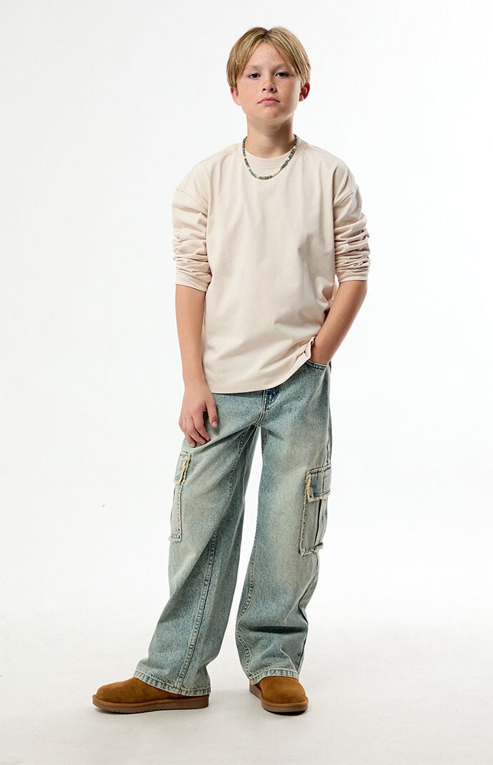 Pacsun Kids Baggy Jeans Frayed Cargo Medium Blue