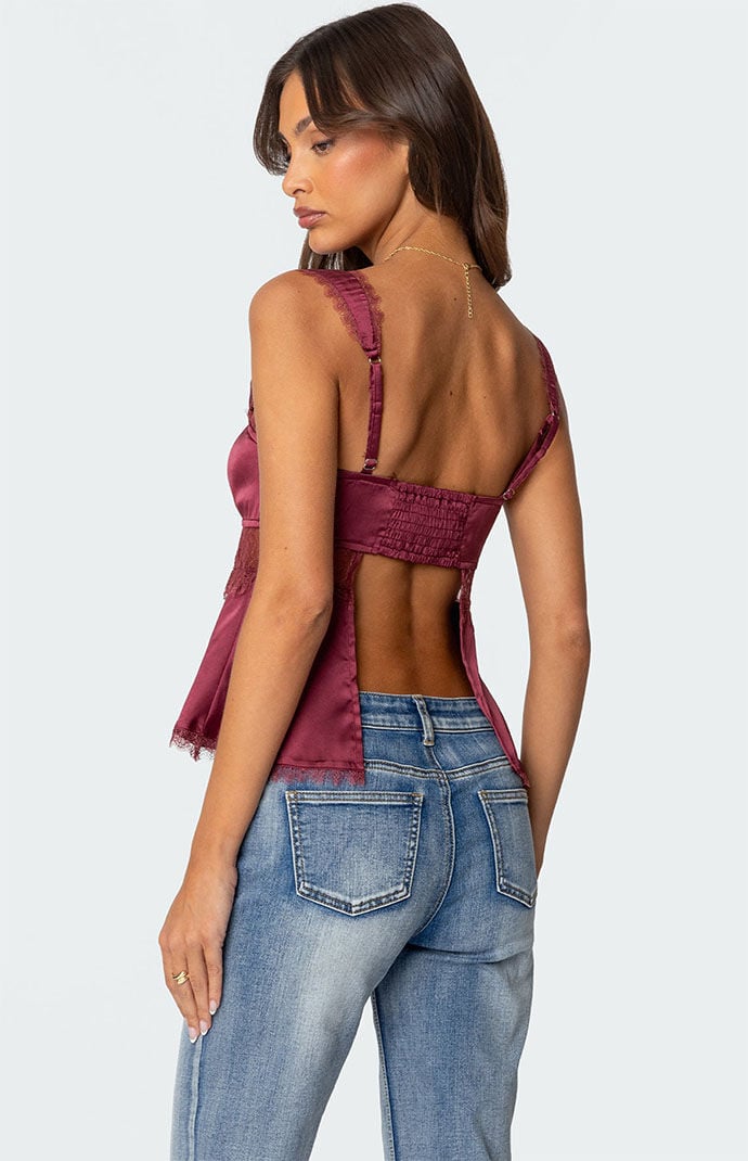 Yilon イロン sidelace piony tops Steal My Love Lace Trim Satin Tank Top (Burgundy) · NanaMacs