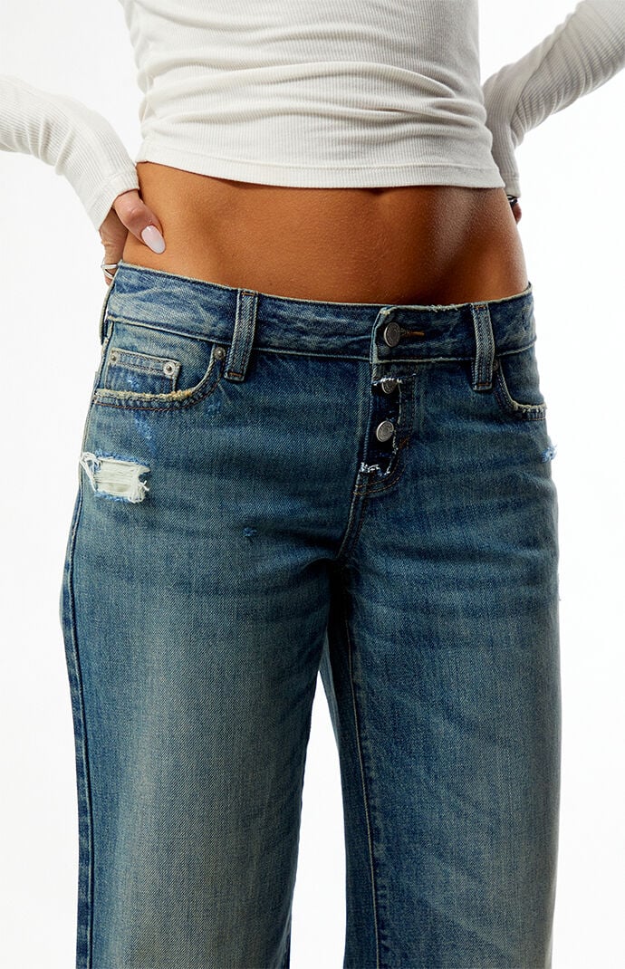 Pacsun Zoe Low Rise Girlfriend Jeans Ripped Exposed Button Medium Blue