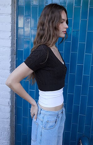 Brown Cable Knit Short Sleeve Cropped Cardigan image number 2