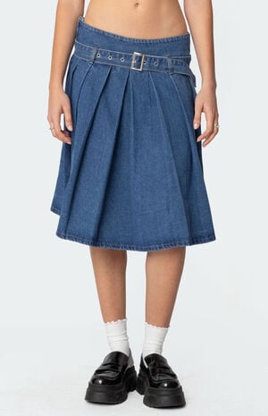 Belted Pleated Denim Midi Skirt image number 2