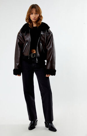 Cropped Faux Leather Sherpa Moto Jacket image number 4