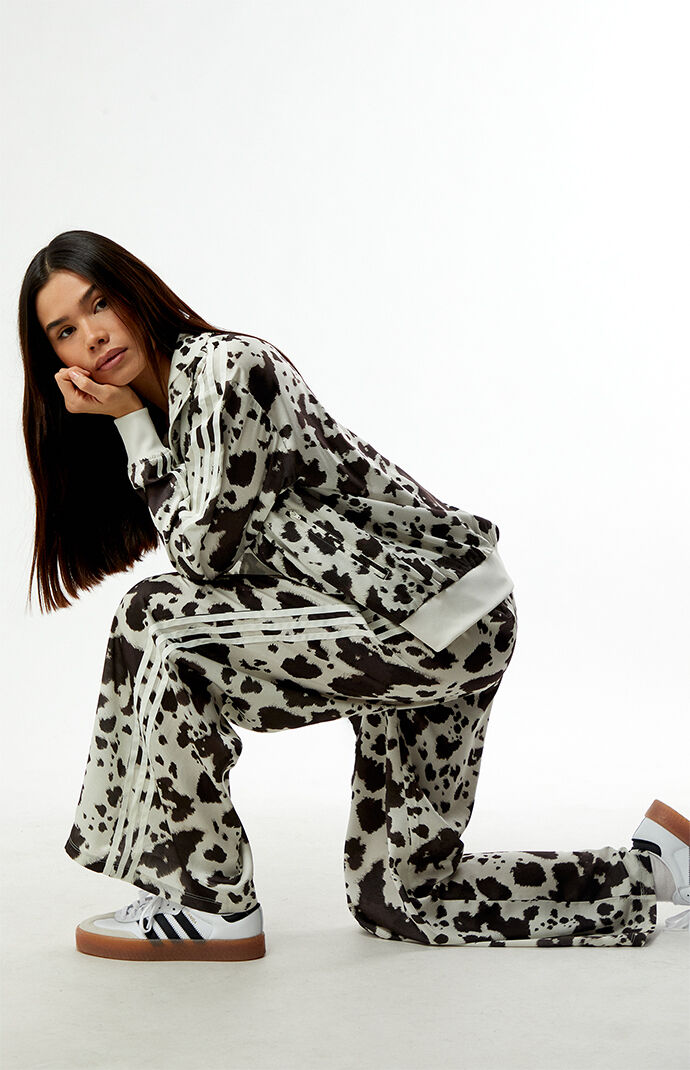 adidas Cow Print Wide Leg Satin Track Pants