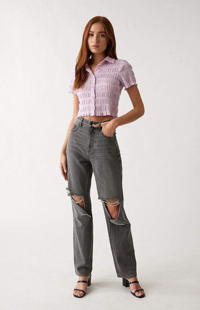 Shirred Smocked Button Down Shirt