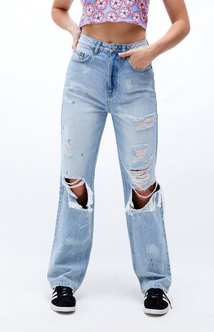 Eco Light Blue Distressed '90s Boyfriend Jeans image number 1