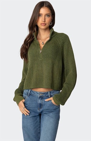 Cropped Rib Knit Half Zip Sweater Cropped Rib Knit Half Zip Sweater image number 1