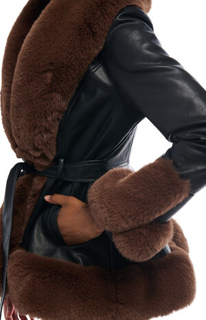 Kenzy Brown Faux Leather & Fur Belted Coat image number 4