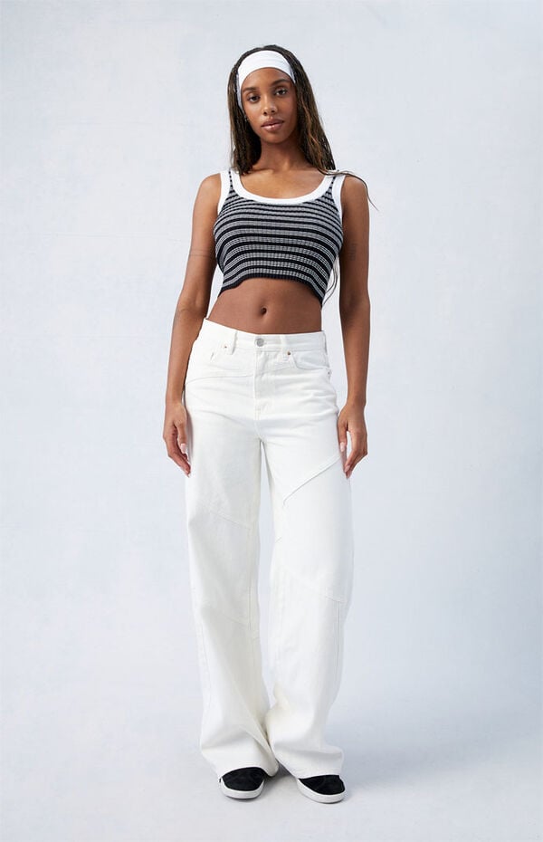 White Paneled Dakota Mid Rise Baggy Jeans