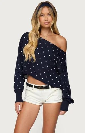 Oversized Off Shoulder Polka Dot Sweater image number 1
