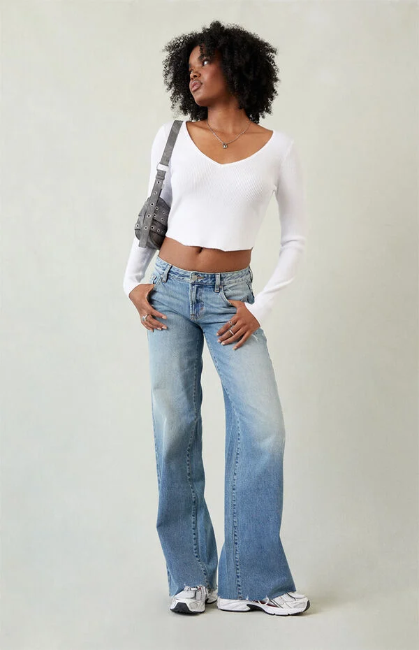 Casey Low Rise Baggy Jeans Ripped Raw Cut Medium Blue