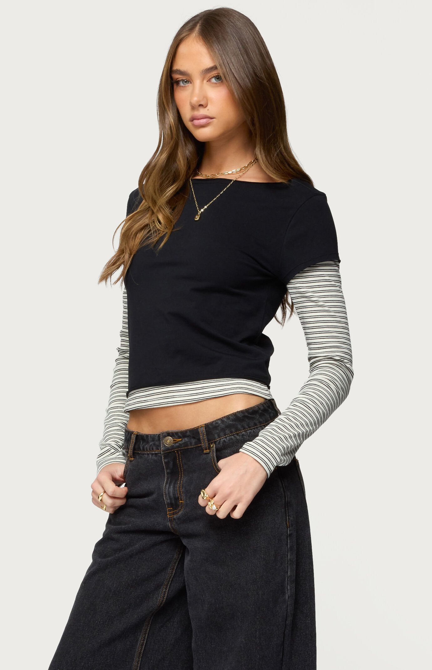 Edikted Layered Stripey Long Sleeve T-Shirt