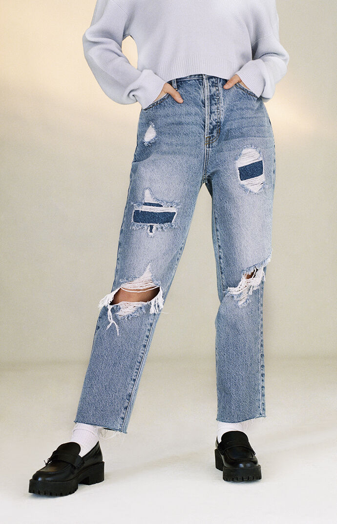 PacSun Eco Distressed Repair High Waisted Straight Leg Jeans | PacSun