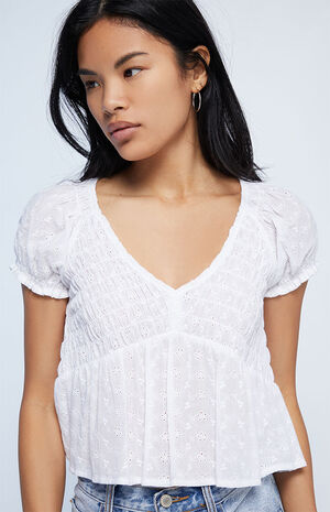 Smocked Eyelet Babydoll Top image number 2