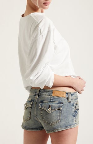 Tatum Ultimate Low Rise Jean Micro Shorts Stretch Button Pocket Medium Blue image number 5