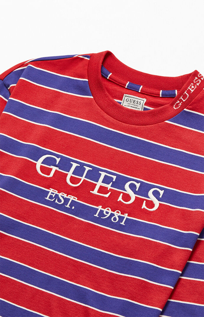 purple and red striped guess shirt