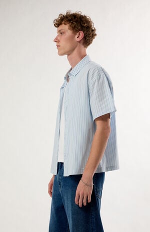 Blue Striped Boxy Short Sleeve Button Down Shirt image number 2
