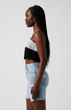 Light Indigo Ripped Frayed Denim Dad Shorts image number 3