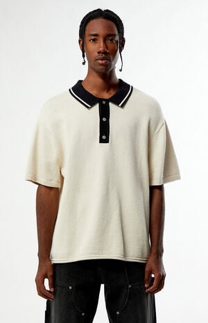 Cream Textured Polo Sweater Shirt image number 1