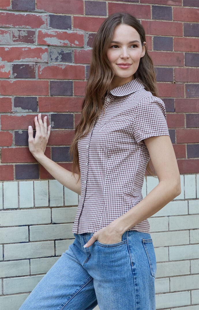 John Galt Brown Gingham Teagan Collared Top