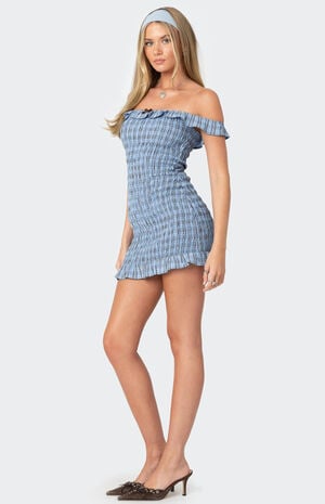 Off Shoulder Scrunched Plaid Mini Dress image number 3