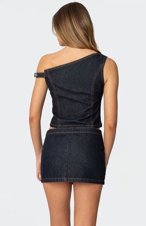Keira Buckled Asymmetric Denim Top image number 5