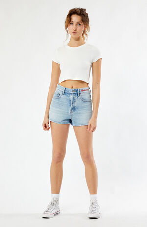 By PacSun Medium Blue Hopps Vintage High Waisted Denim Shorts image number 4