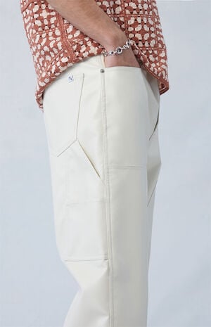 Cream Carpenter Faux Leather Straight Pants image number 3
