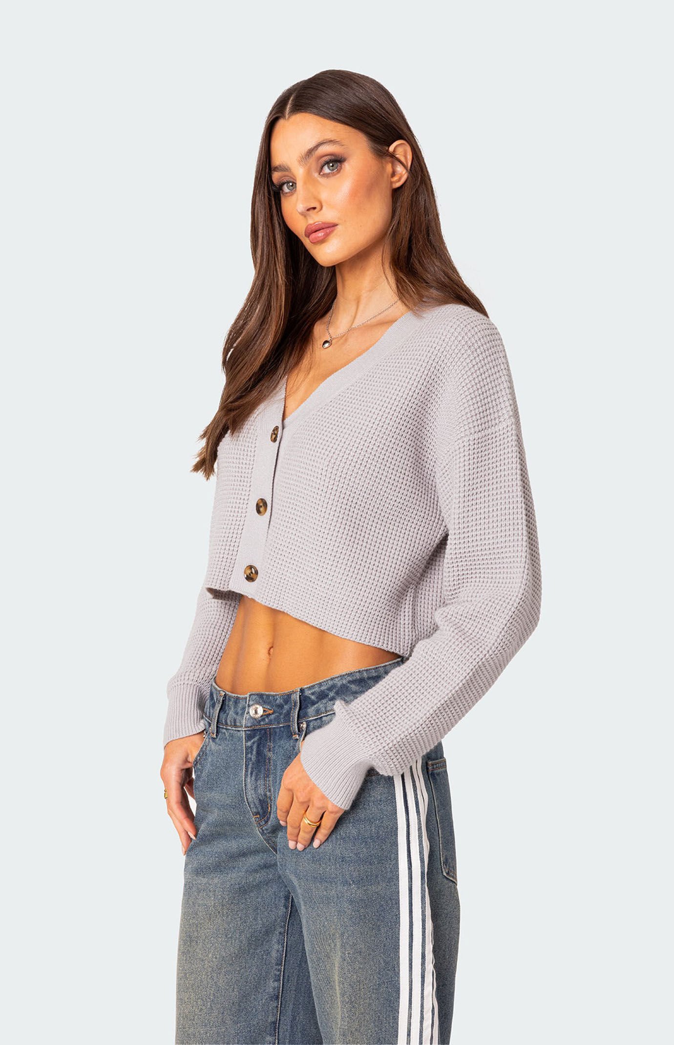 Edikted Women s Oversized Waffle Knit Cropped Cardigan Gray