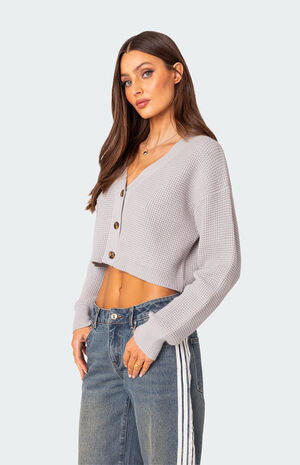 Oversized Waffle Knit Cropped Cardigan image number 3