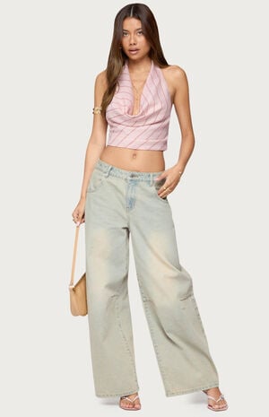 Stripey Metallic Cowl Neck Halter Top image number 5