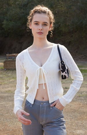 White Greta Pointelle Tie Front Top image number 1