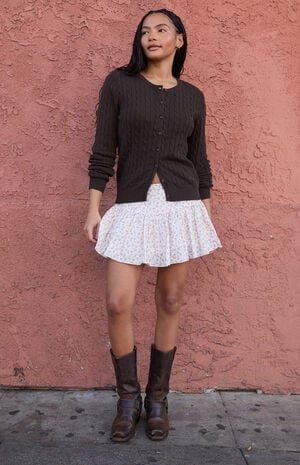 White Floral Ruffle Mini Skirt image number 1