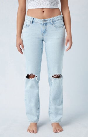Eco Light Blue Ripped Knee Low Rise Straight Leg Jeans image number 1
