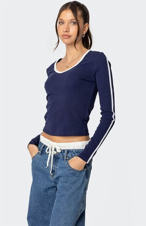 Contrast V Neck Long Sleeve T-Shirt image number 5