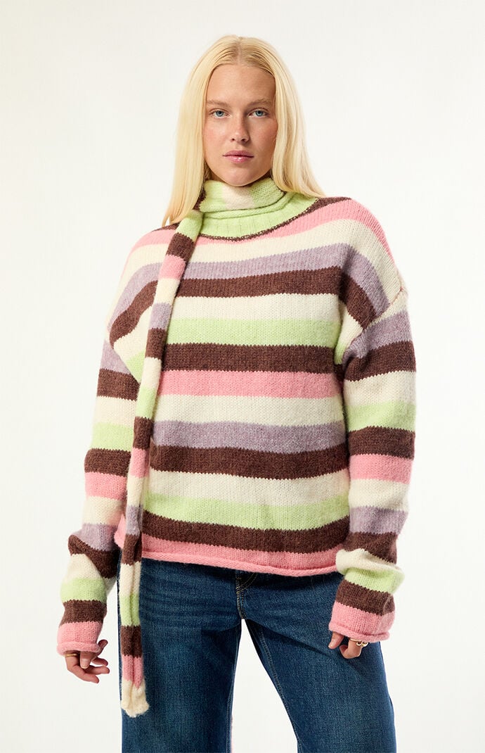 Daisy Street Multi Stripe Roll Detail Neck Cropped Sweater In Pink