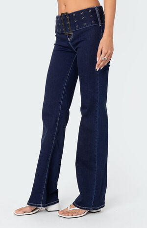 Buckle Belt Washed Flare Jeans image number 4