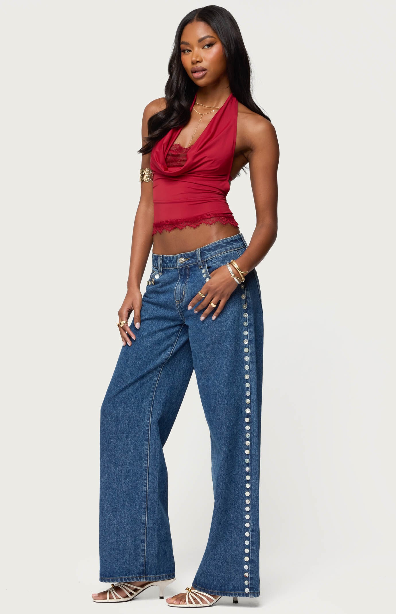 Edikted Layered Lacey Cowl Neck Halter Top | Pacsun