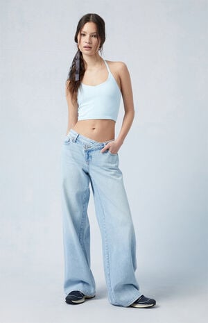 Eco Light Indigo Asymmetrical Low Rise Baggy Jeans image number 1
