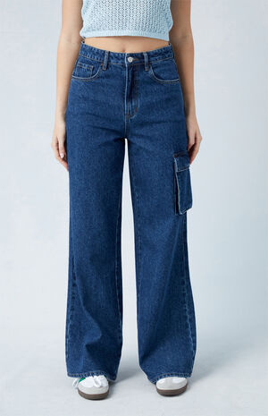 Eco Dark Indigo High Waisted Wide Leg Cargo Jeans Eco Dark Indigo High Waisted Wide Leg Cargo Jeans image number 2