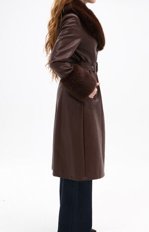 Kaya Brown Faux Leather & Fur Trench Coat image number 2